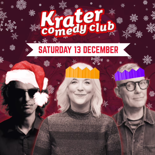 Christmas promo image featuring various comedians wearing party hats